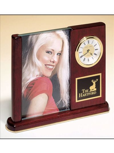 Rosewood Piano-Finish Desk Clock with Glass Picture Frame - BC19