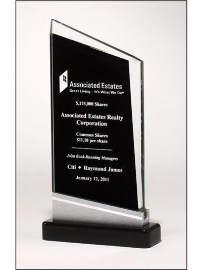 Zenith Series Glass Award, Black Piano Finish Base with Silver Aluminum Accent - G2425