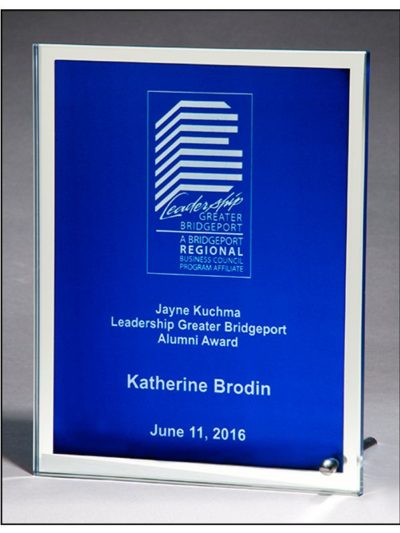 Glass Plaque with Blue Silk Screened Center and Mirror Border - G2727