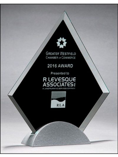 Diamond Shaped Glass Award with Black Silk Screen on Silver Metal Base - G2777