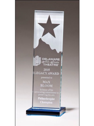 Etched Clear Glass Award with Star and Mountain Peak on Blue Glass Base - G2883