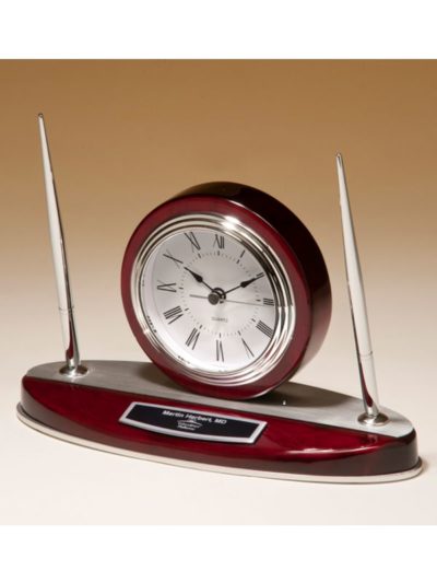 Rosewood Piano Finish Desk Clock and Pen Set with Silver Aluminum Accents - BC1040